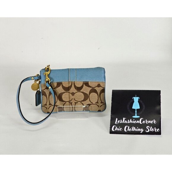 Coach Signature Wristlet Blue & Beige Leather Canvas Monogram Design 134B - Picture 2 of 14